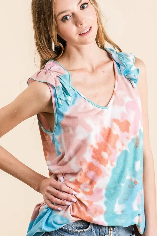 BiBi Circular Tie Dye Knit V Neck Top With Ruffle a84533c051ed4e369aee007ff1e8bd64-Max-Origin