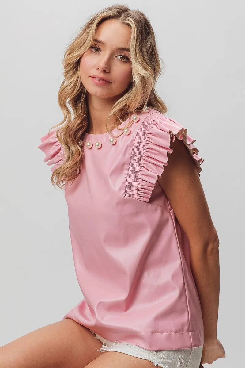 BiBi Leather Smocked Ruffled Top a85f32f27e5b4c88ab456bec077a3794-Max-Origin