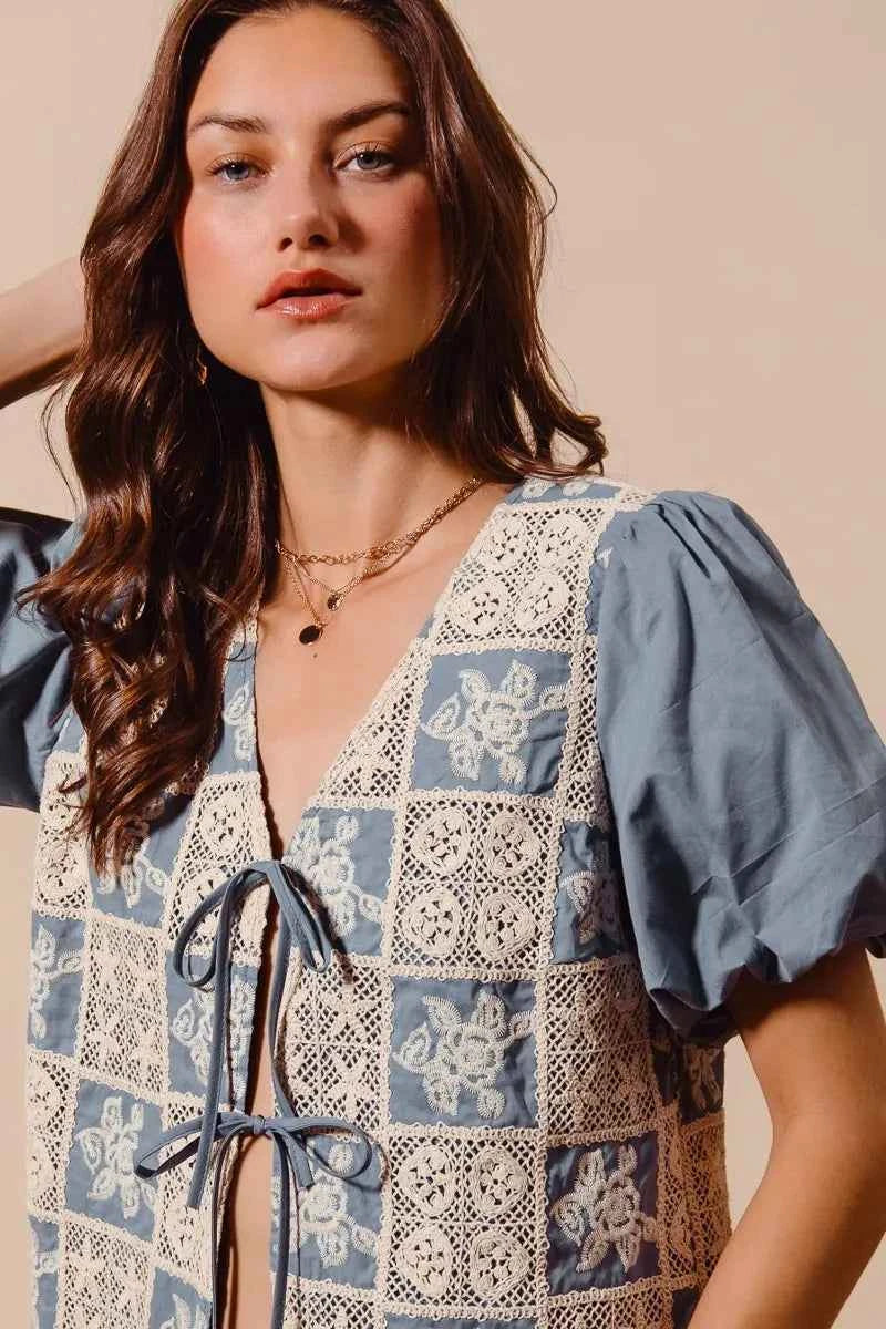 SO ME Crochet Lace Tie Front V Neck Blouse Top SO ME Crochet Lace Tie Front V Neck Blouse Top