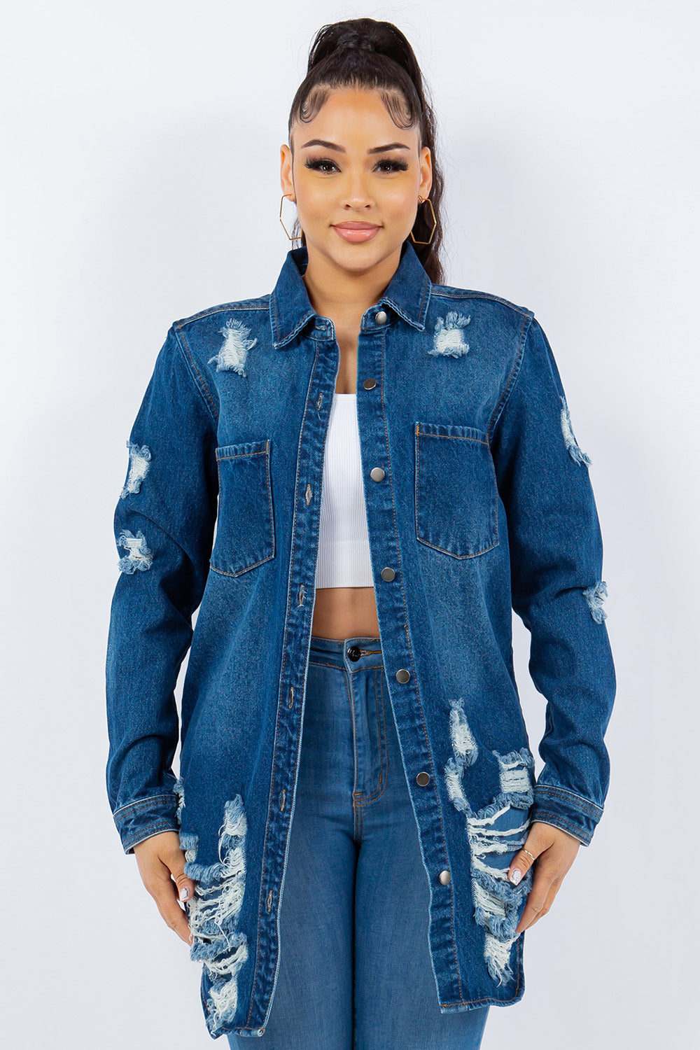 American Bazi Distressed Button Up Long Sleeve Denim Jacket American Bazi Distressed Button Up Long Sleeve Denim Jacket