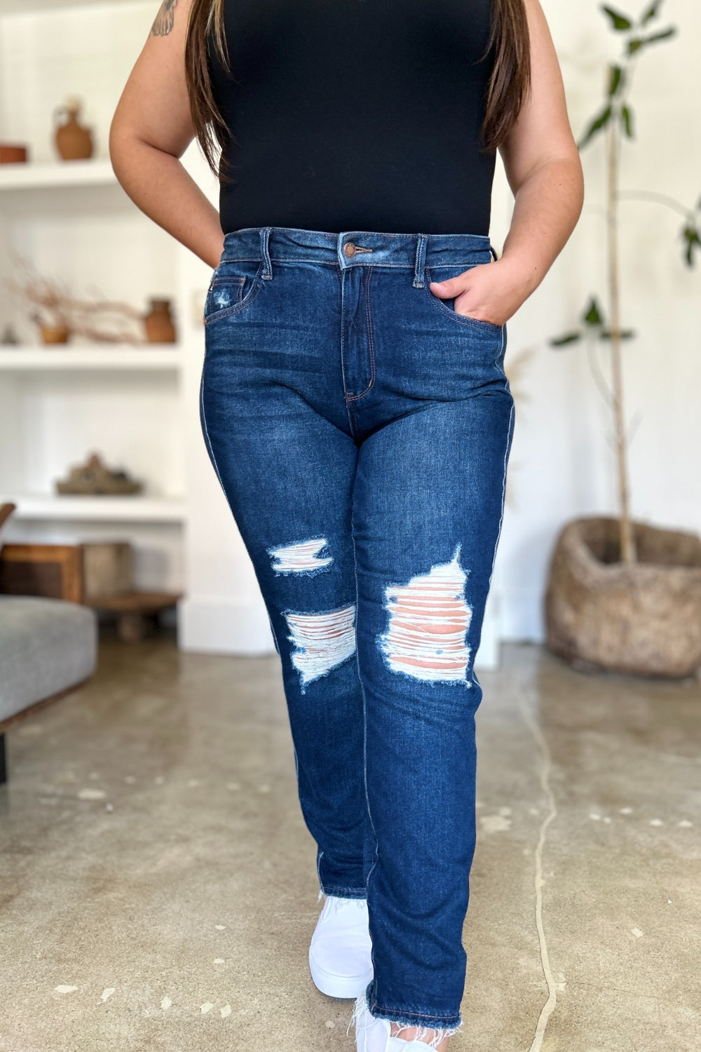 Judy Blue Full Size High Waist Rigid Magic Heavy Destroy Straight Jeans Judy Blue Full Size High Waist Rigid Magic Heavy Destroy Straight Jeans - TopFashionHQ