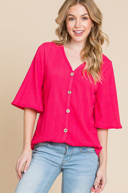 BOMBOM Texture Decorative Button V-Neck Top - TopFashionHQ