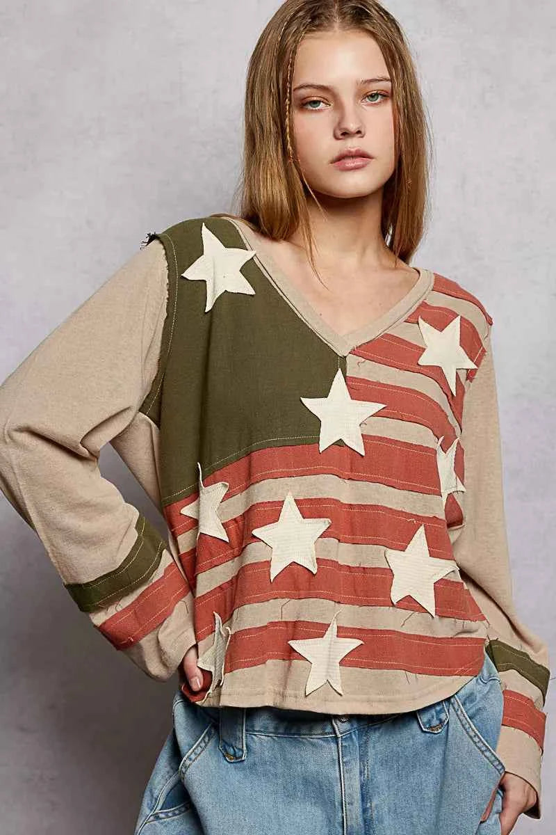 POL Double Gauze American Flag Patch V-Neck Long Sleeve T-Shirt POL Double Gauze American Flag Patch V-Neck Long Sleeve T-Shirt