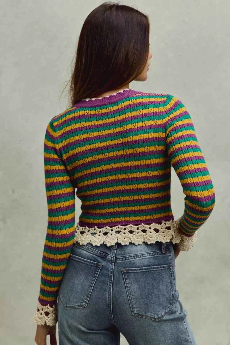 SO ME Mardi Gras Striped Cropped Knit Top with Crochet Edge SO ME Mardi Gras Striped Cropped Knit Top with Crochet Edge