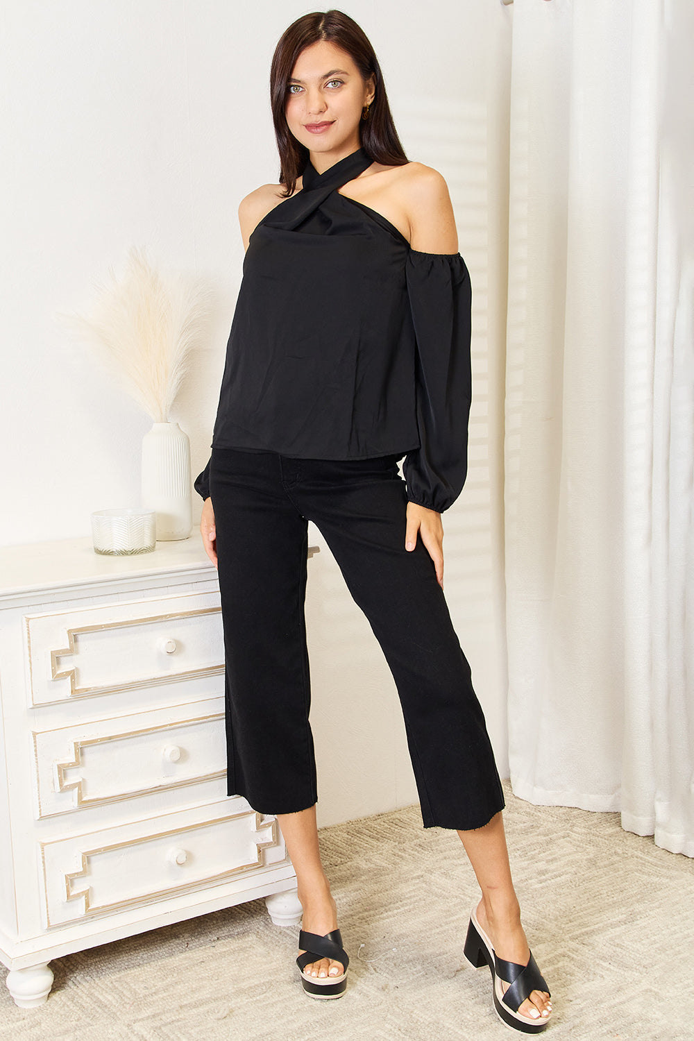 Double Take Grecian Cold Shoulder Long Sleeve Blouse Double Take Grecian Cold Shoulder Long Sleeve Blouse - TopFashionHQ