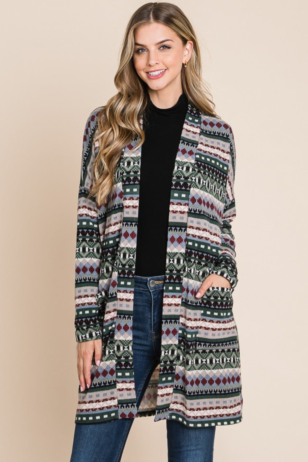 BOMBOM Geometric Open Front Long Sleeve Cardigan with Pockets BOMBOM Geometric Open Front Long Sleeve Cardigan with Pockets - TopFashionHQ