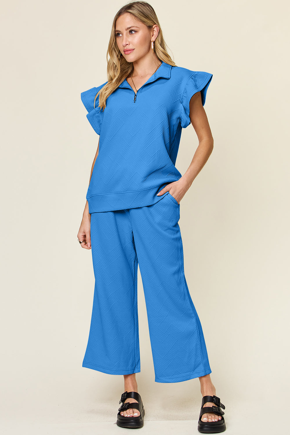 Double Take Texture Ruffle Short Sleeve Top and Drawstring Wide Leg Pants Set Double Take Texture Ruffle Short Sleeve Top and Drawstring Wide Leg Pants Set