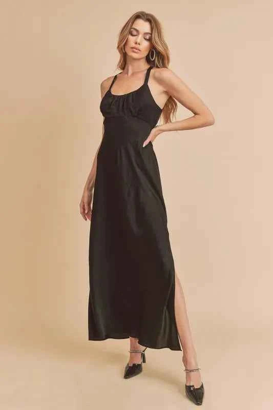 Aemi + Co Ruched Side Slit Cutout Back Maxi Cami Dress Aemi + Co Ruched Side Slit Cutout Back Maxi Cami Dress