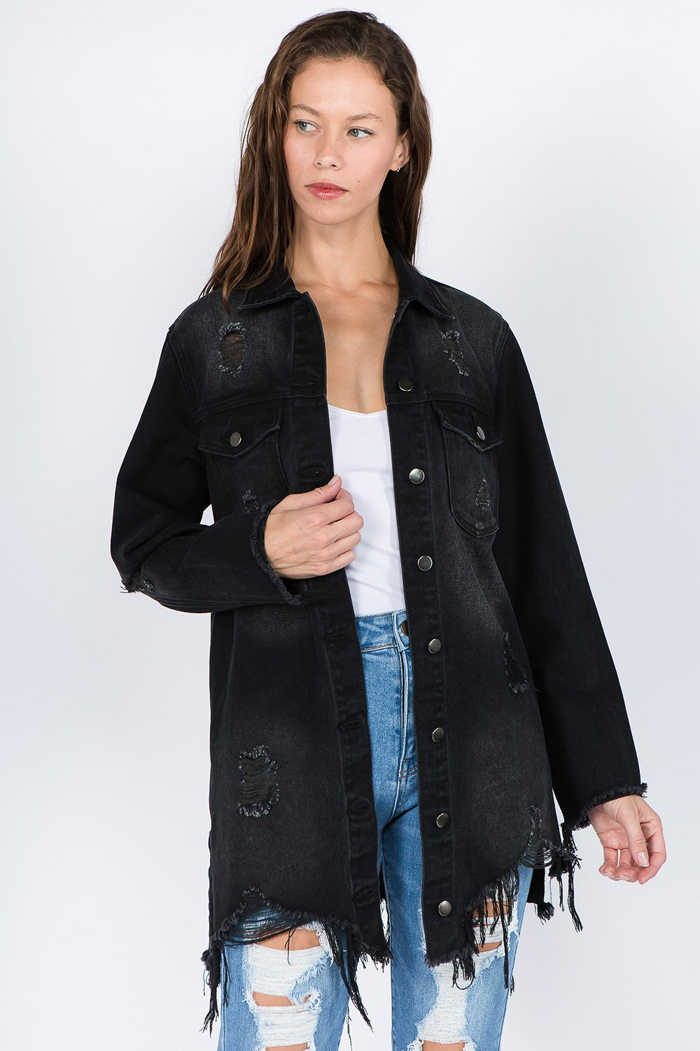 American Bazi Distressed Frayed Hem Denim Jacket American Bazi Distressed Frayed Hem Denim Jacket