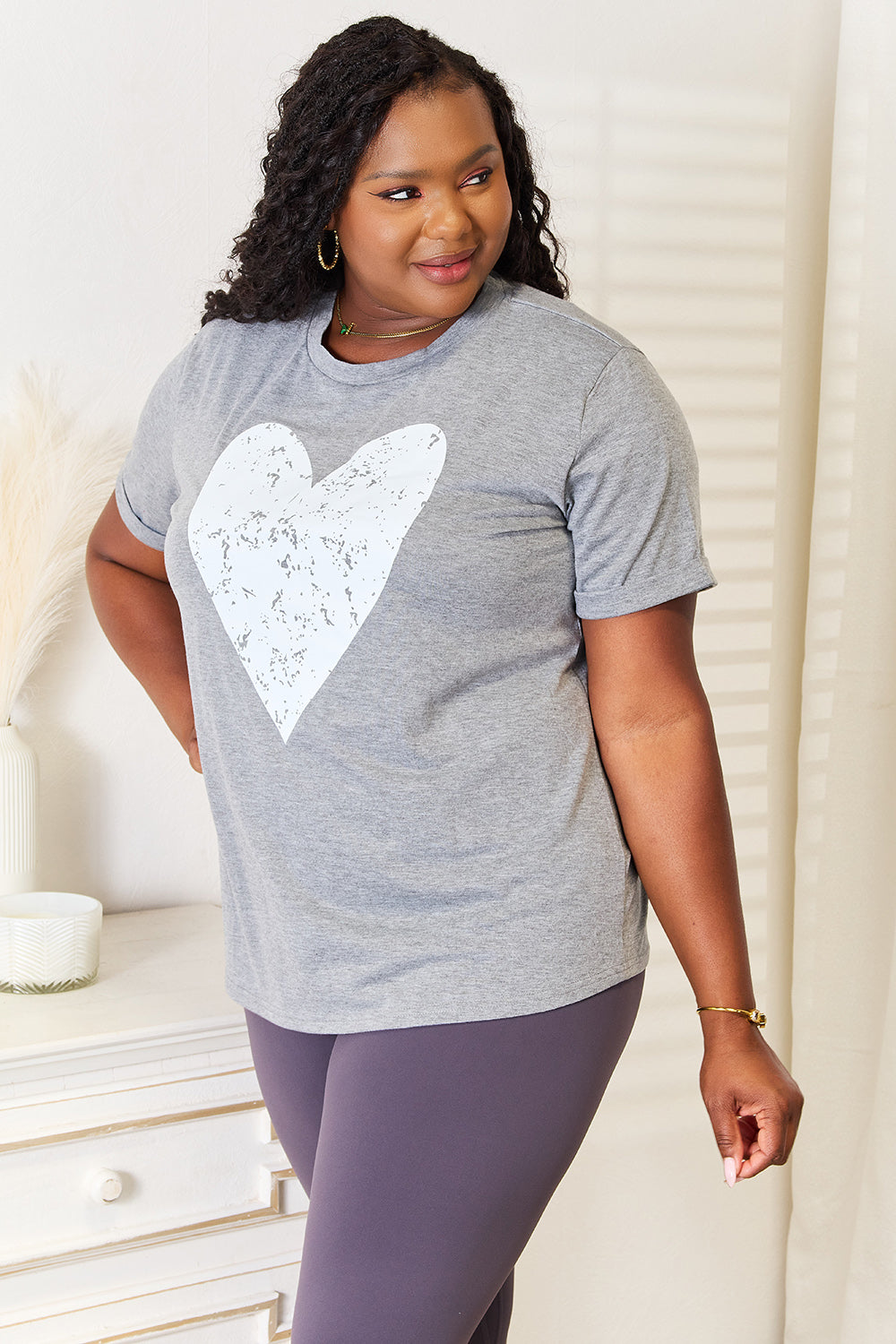 Simply Love Heart Graphic Cuffed Short Sleeve T-Shirt Simply Love Heart Graphic Cuffed Short Sleeve T-Shirt - TopFashionHQ