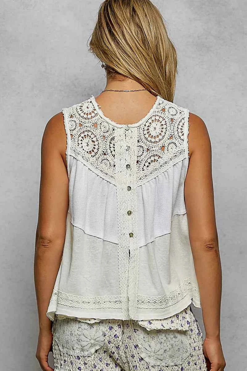 POL Round Neck Sleeveless Top with Crochet Contrast POL Round Neck Sleeveless Top with Crochet Contrast
