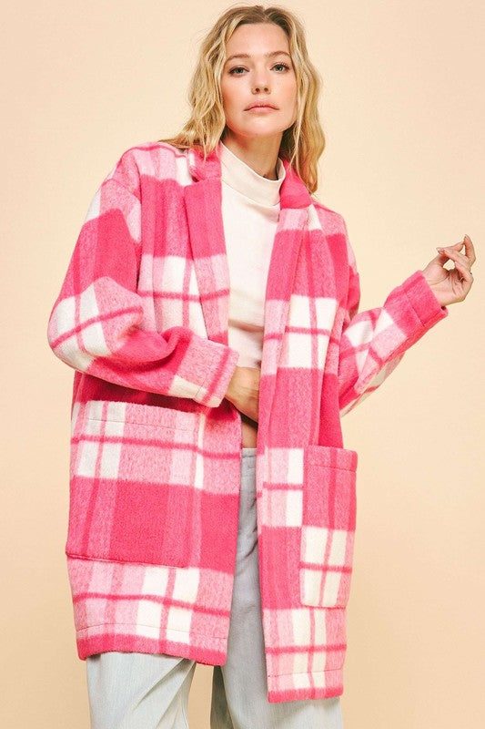 Davi & Dani Plaid Open Front Drop Shoulder Longline Coat Davi & Dani Plaid Open Front Drop Shoulder Longline Coat