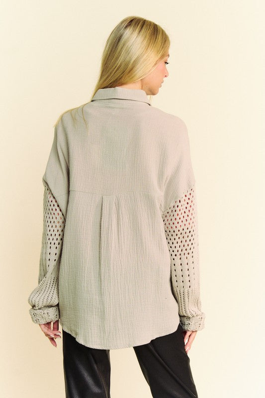 Davi & Dani Crochet Sleeve Crinkled Texture Shirt Davi & Dani Crochet Sleeve Crinkled Texture Shirt