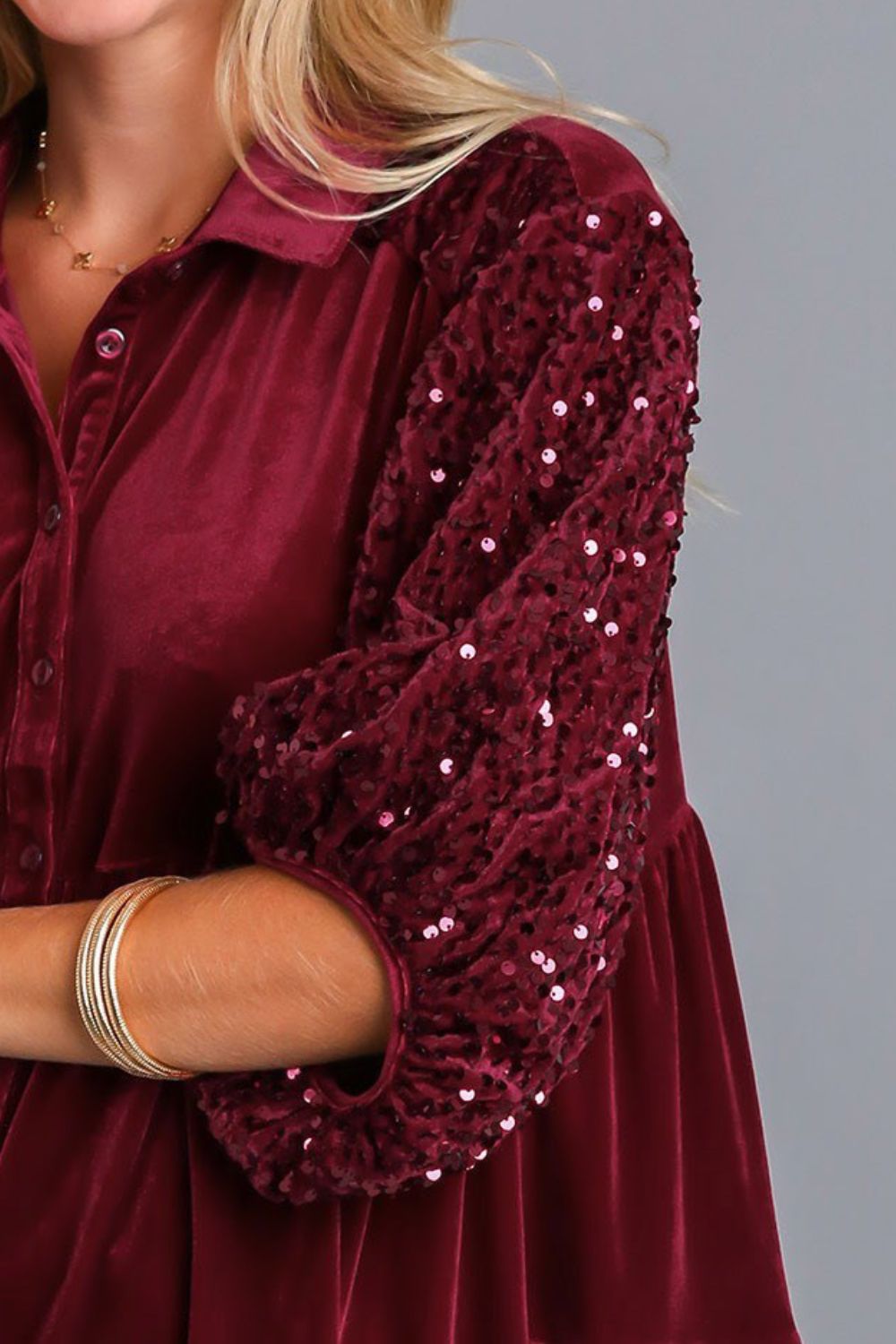 Umgee Sequin Detail Tiered Back Half Sleeve Shirt Umgee Sequin Detail Tiered Back Half Sleeve Shirt - TopFashionHQ