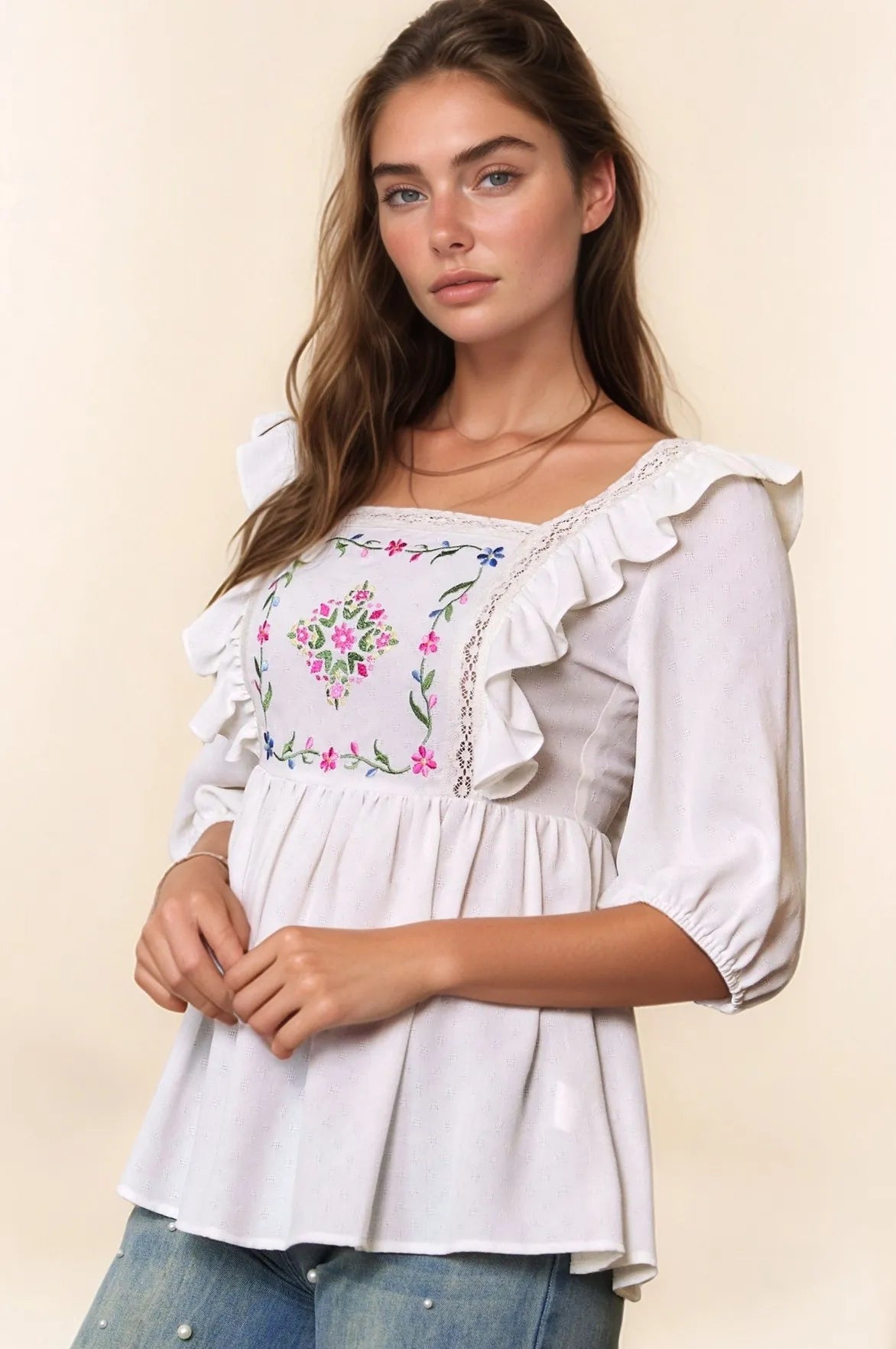 Davi & Dani Texture Tie Back Floral Embroidery Frill Blouse a9bdd81b3bbe45cba7ae56c50ee6f770-Max-Origin
