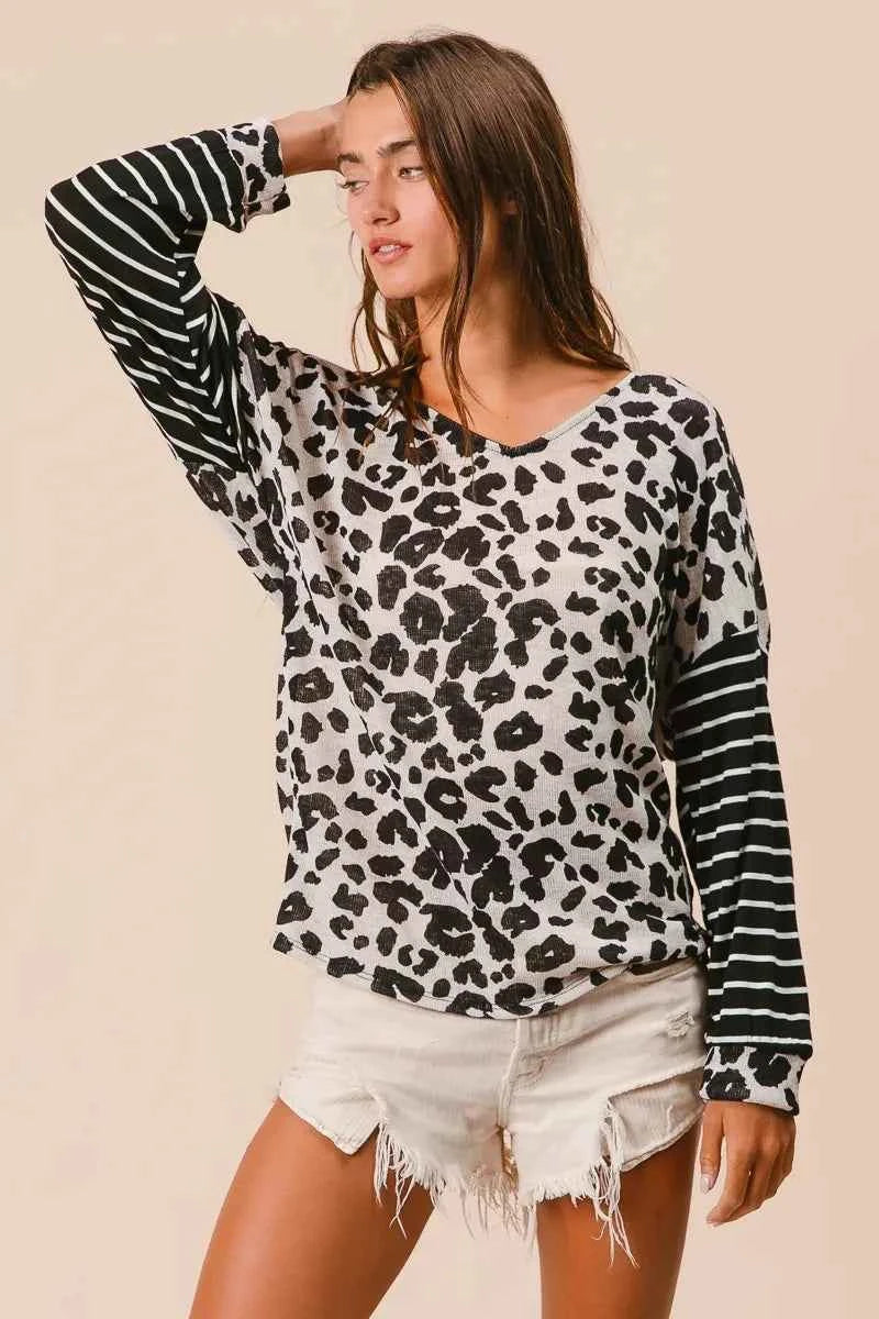 BiBi Leopard Hacci Knit Twist Back Top With Stripe Sleeve BiBi Leopard Hacci Knit Twist Back Top With Stripe Sleeve