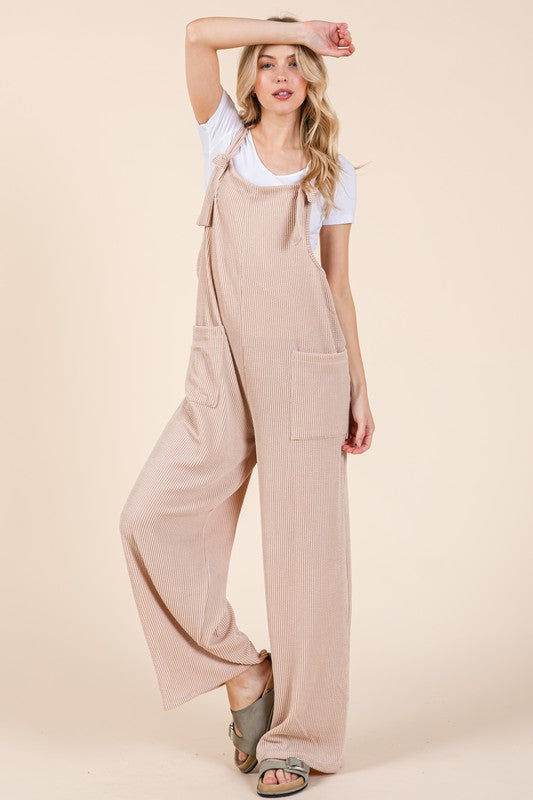 BOMBOM Knot Straps Wide Leg Ribbed Overalls with Pockets BOMBOM Knot Straps Wide Leg Ribbed Overalls with Pockets - TopFashionHQ