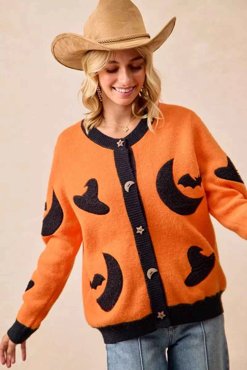 BiBi Halloween Witch Hat Moon Bat Artwork Cardigan BiBi Halloween Witch Hat Moon Bat Artwork Cardigan