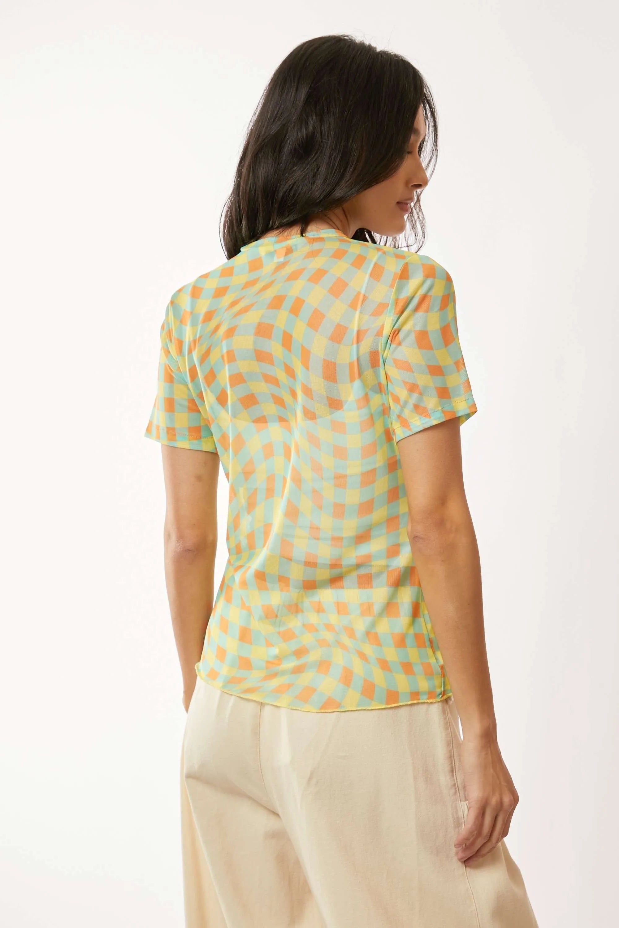 Davi & Dani Checker Board Printed Mesh Short Sleeve Top a9fd7998bac34fafaec4e78a953c0dea-Max-Origin