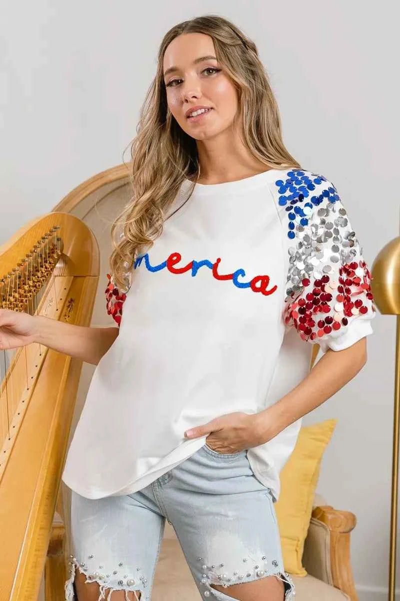 BiBi America Letter Applique Spangle Puff Sleeves Top BiBi America Letter Applique Spangle Puff Sleeves Top