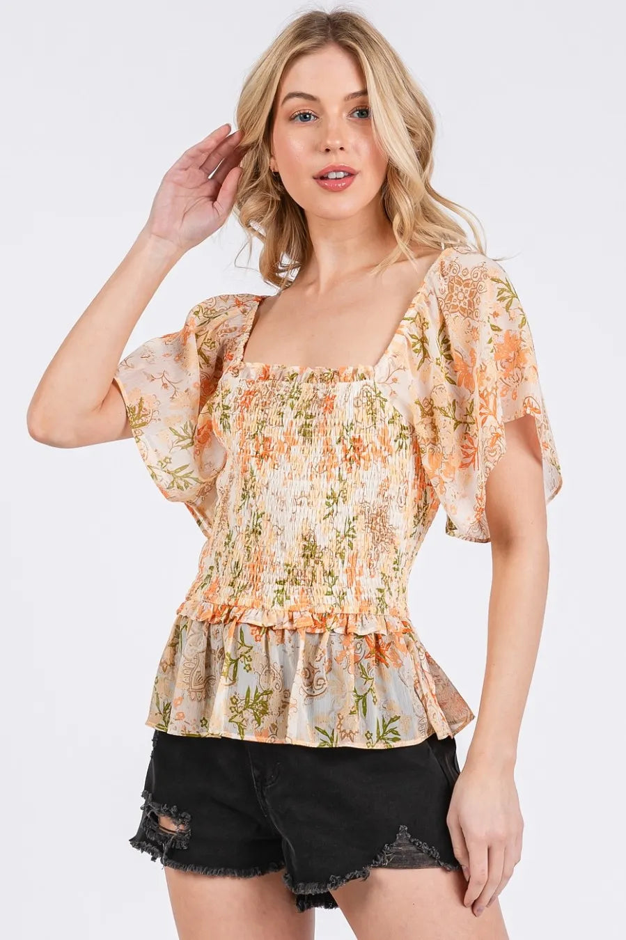 Mittoshop Floral Chiffon Smocked Square Neck Peplum Top aa2159c576e943af969511f196d31292-Max-Origin