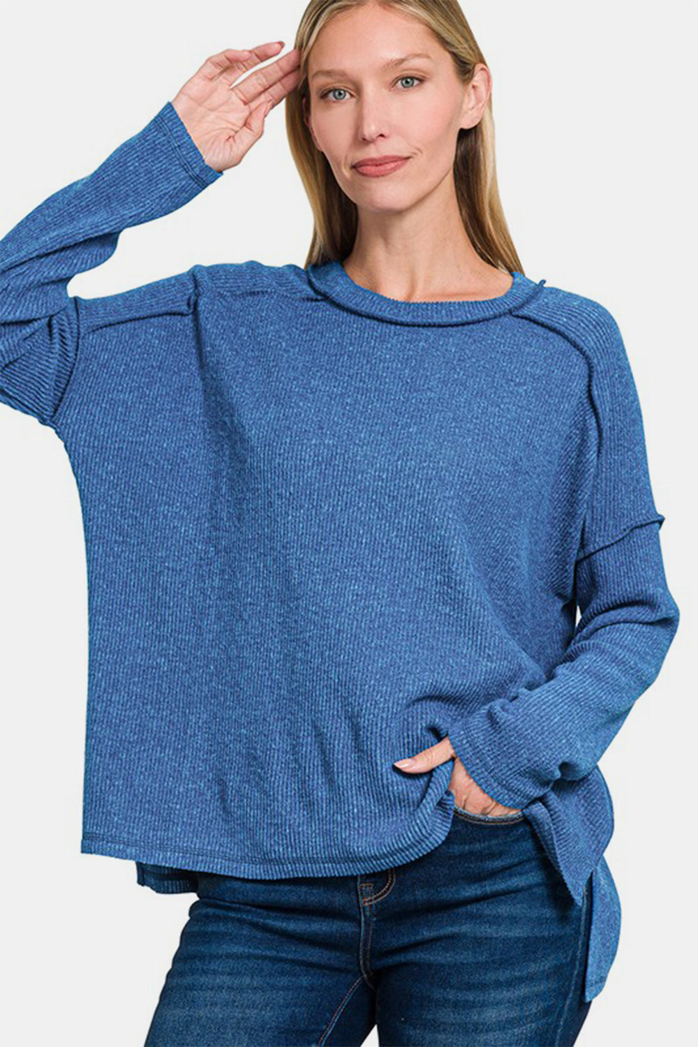 Zenana Full Size Exposed Seam Brushed Round Neck Sweater Zenana Full Size Exposed Seam Brushed Round Neck Sweater - TopFashionHQ