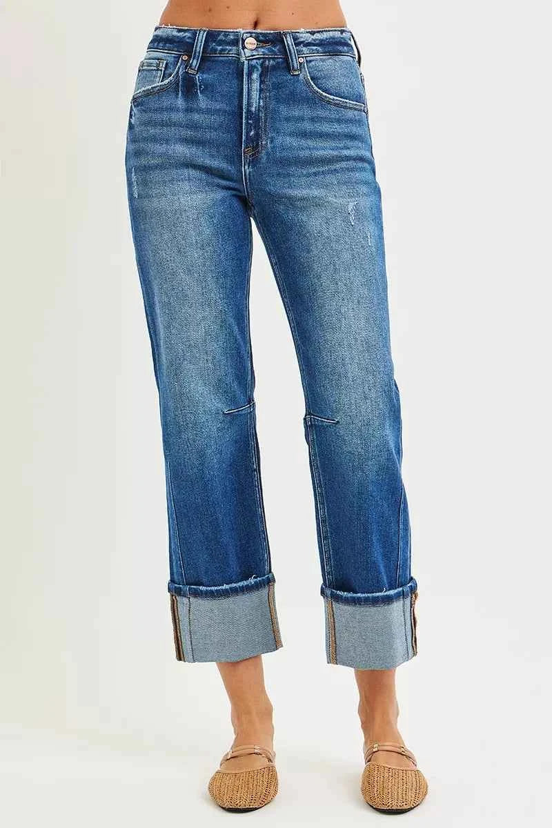 RISEN High Rise Straight Jeans with Distressed Hem RISEN High Rise Straight Jeans with Distressed Hem