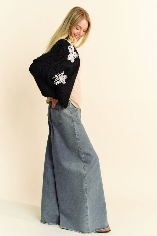 Davi & Dani Floral Applique Open Front Dropped Shoulder Cardigan Davi & Dani Floral Applique Open Front Dropped Shoulder Cardigan