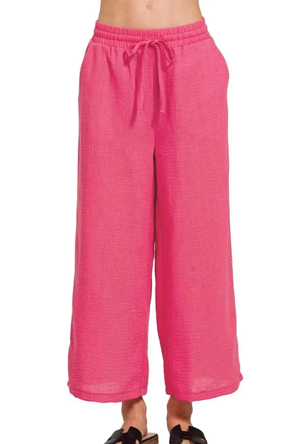 Zenana Woven Crepe Elastic Band Waist Cropped Pants Zenana Woven Crepe Elastic Band Waist Cropped Pants
