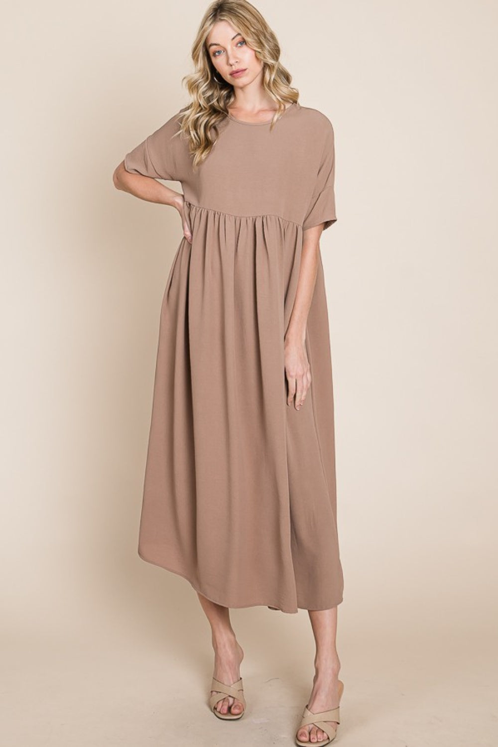 BOMBOM Round Neck Ruched Midi Dress BOMBOM Round Neck Ruched Midi Dress - TopFashionHQ