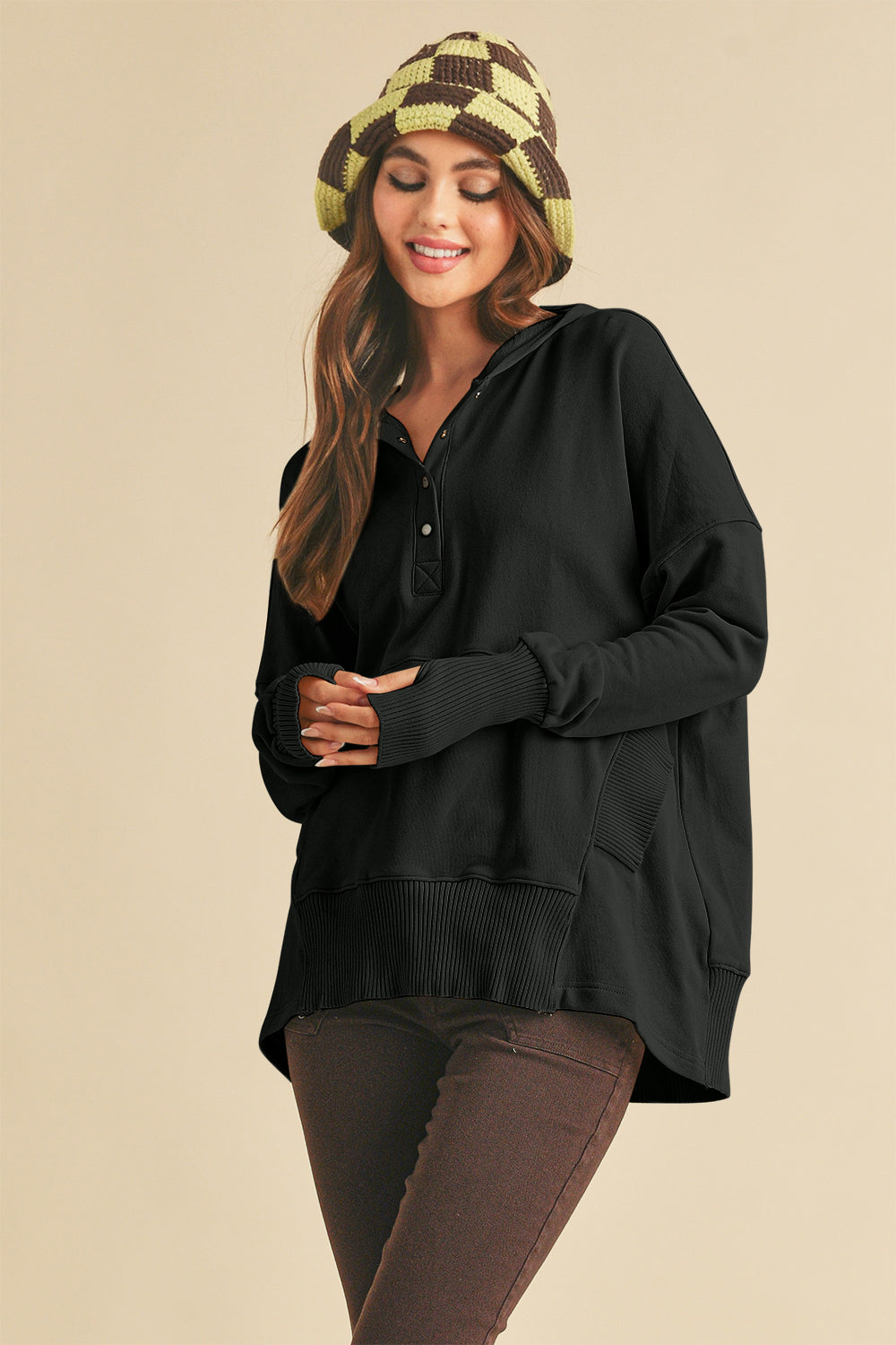 Aemi+Co Half Snap Dropped Shoulder Hoodie Aemi+Co Half Snap Dropped Shoulder Hoodie
