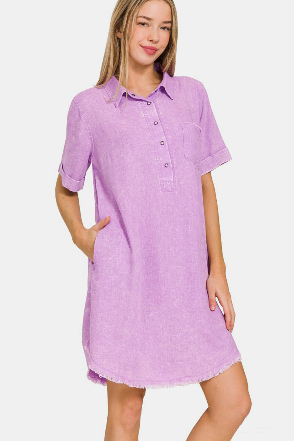 Zenana Washed Linen Raw Hem Dress with Pockets Zenana Washed Linen Raw Hem Dress with Pockets - TopFashionHQ