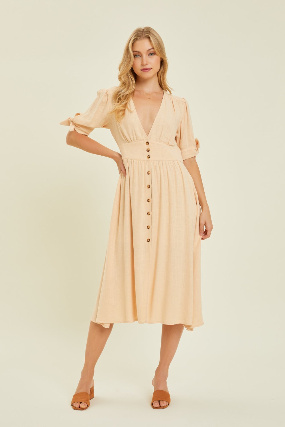 HEYSON Full Size Textured Linen V-Neck Button-Down Midi Dress HEYSON Full Size Textured Linen V-Neck Button-Down Midi Dress - TopFashionHQ
