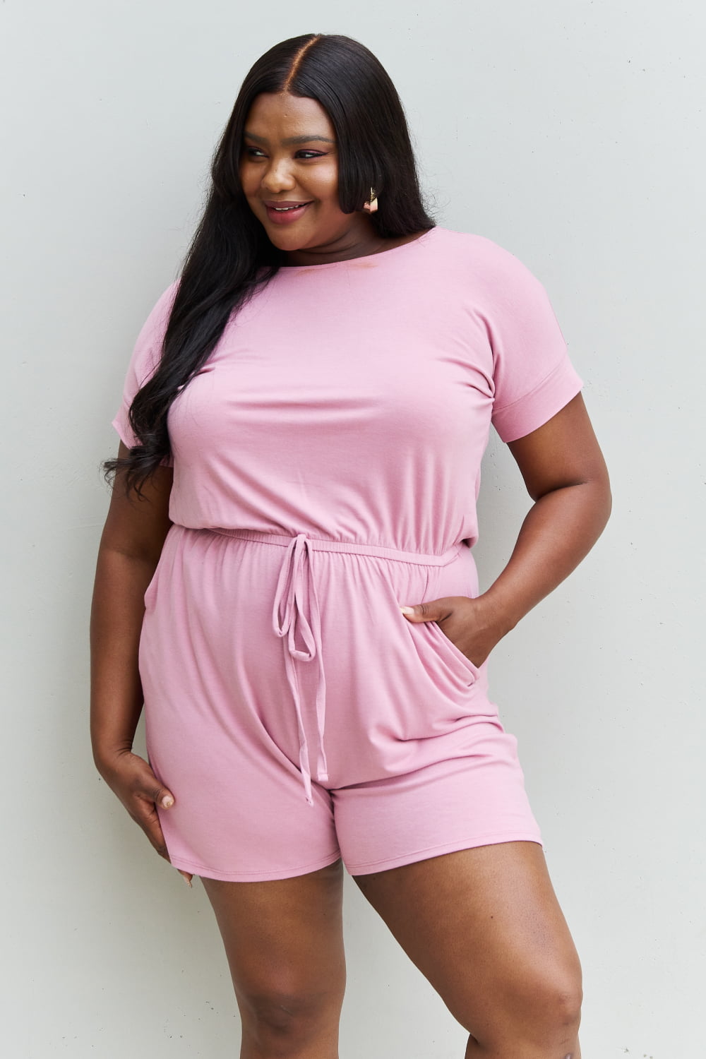 Zenana Chilled Out Full Size Short Sleeve Romper in Light Carnation Pink Zenana Chilled Out Full Size Short Sleeve Romper in Light Carnation Pink - TopFashionHQ