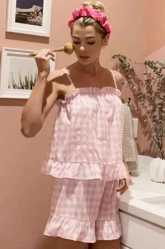 Lime 'N' Chili Gingham Ruffle Trim Cami and Shorts Pajama Set Lime 'N' Chili Gingham Ruffle Trim Cami and Shorts Pajama Set