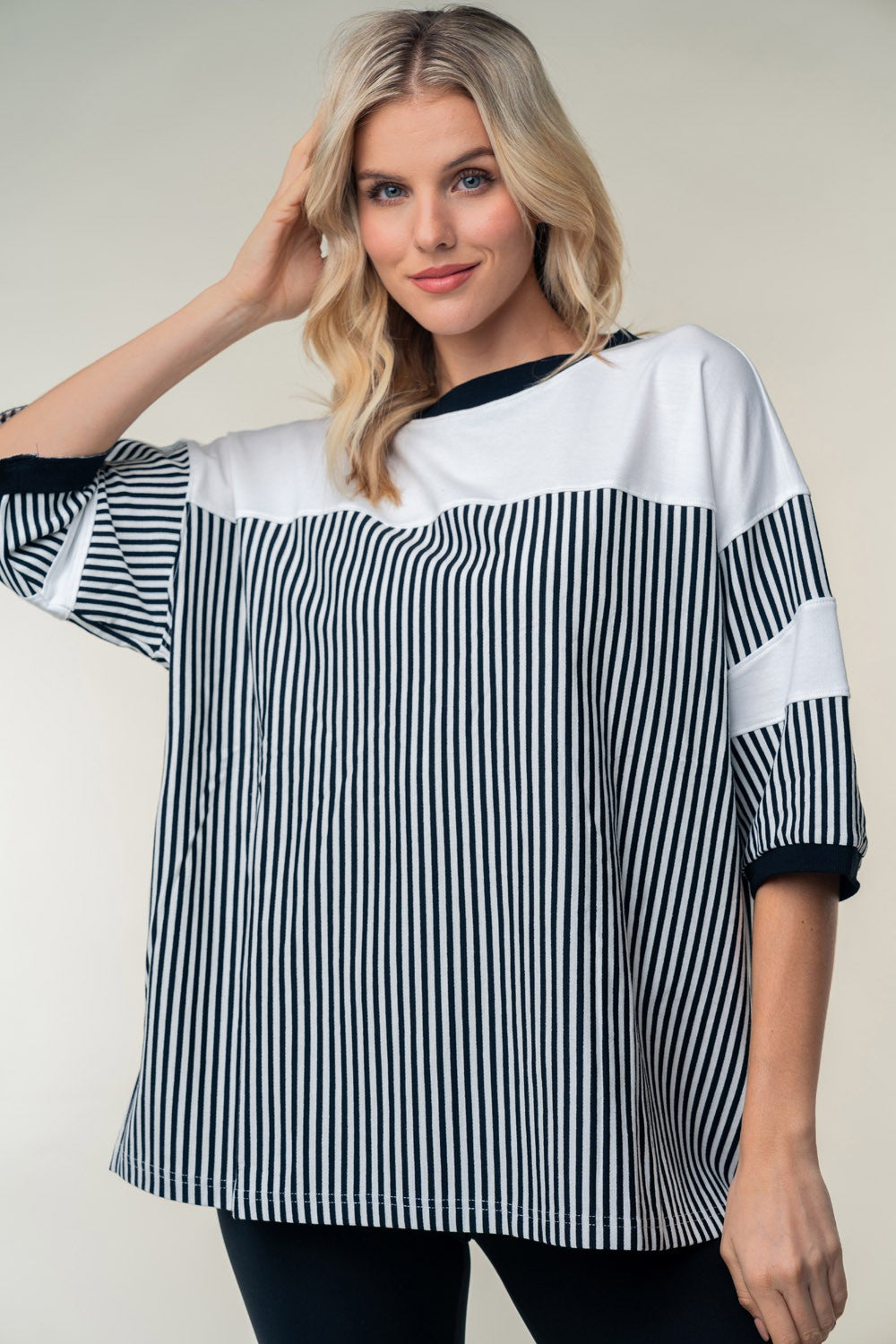 White Birch Full Size Striped Contrast Round Neck Top White Birch Full Size Striped Contrast Round Neck Top - TopFashionHQ