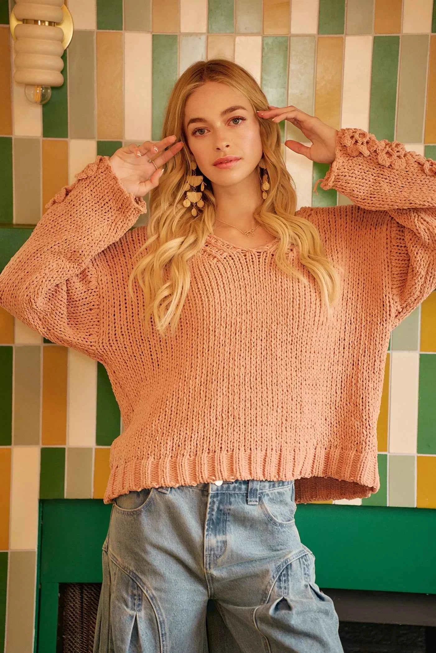 BiBi Chunky Knit Sweater with Flower Detail Sleeves BiBi Chunky Knit Sweater with Flower Detail Sleeves