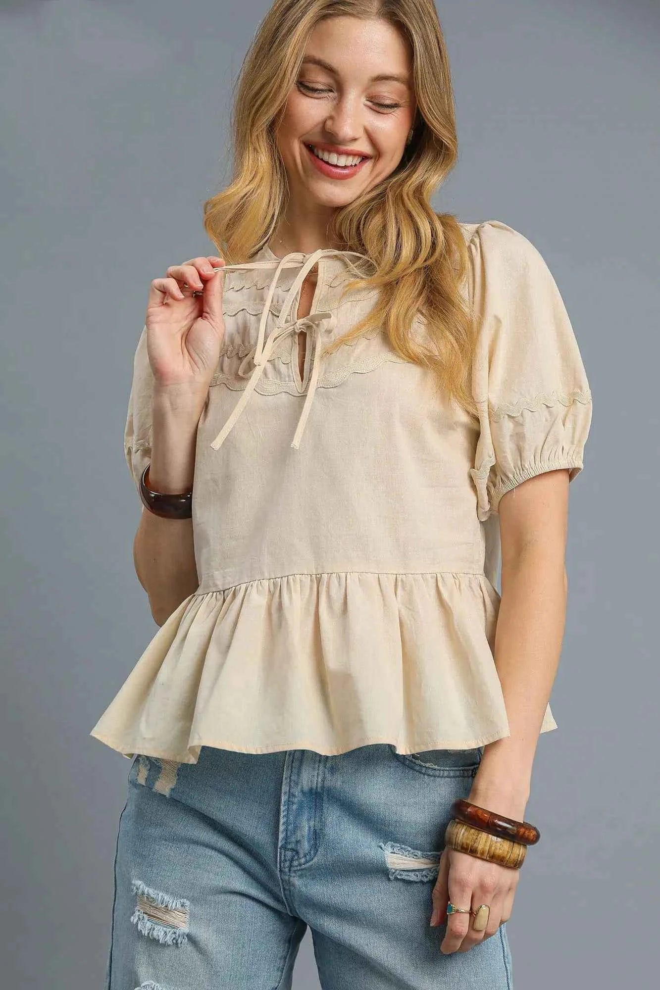 Umgee Tie Front Puff Sleeve Blouse Umgee Tie Front Puff Sleeve Blouse