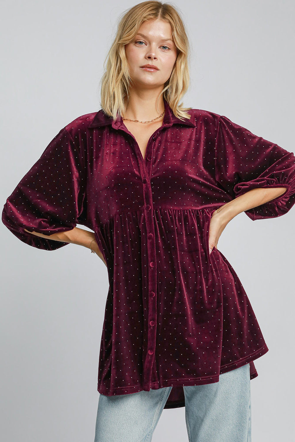 Umgee Full Size Polka Dot Button Up Half Sleeve Shirt Umgee Full Size Polka Dot Button Up Half Sleeve Shirt - TopFashionHQ