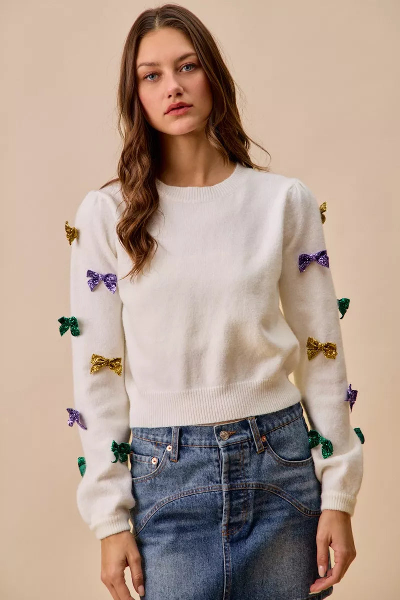 SO ME Mardi Gras Glitter Bow Ribbon Sweater Knit Top ab3eb3c65e234aae9d999139d82f1b2d-Max-Origin