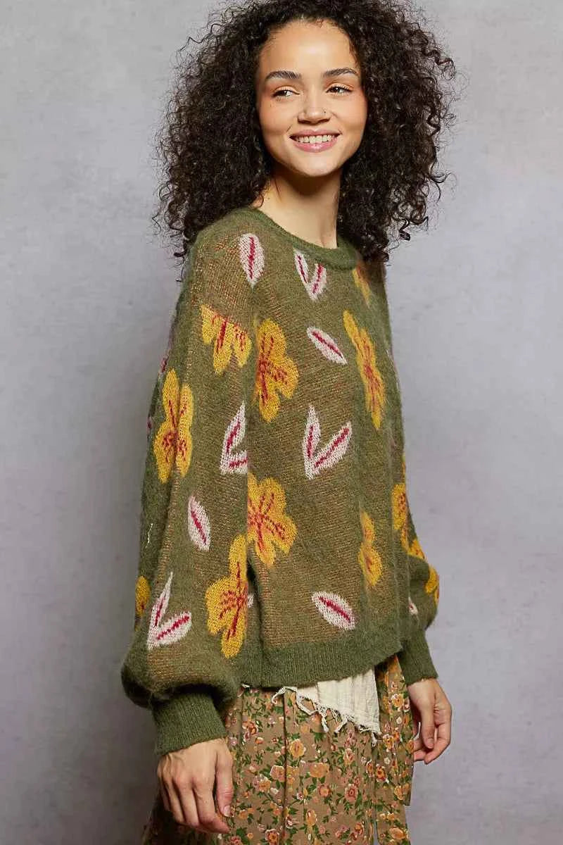 POL Floral Pattern Round Neck Balloon Sleeve Sweater POL Floral Pattern Round Neck Balloon Sleeve Sweater