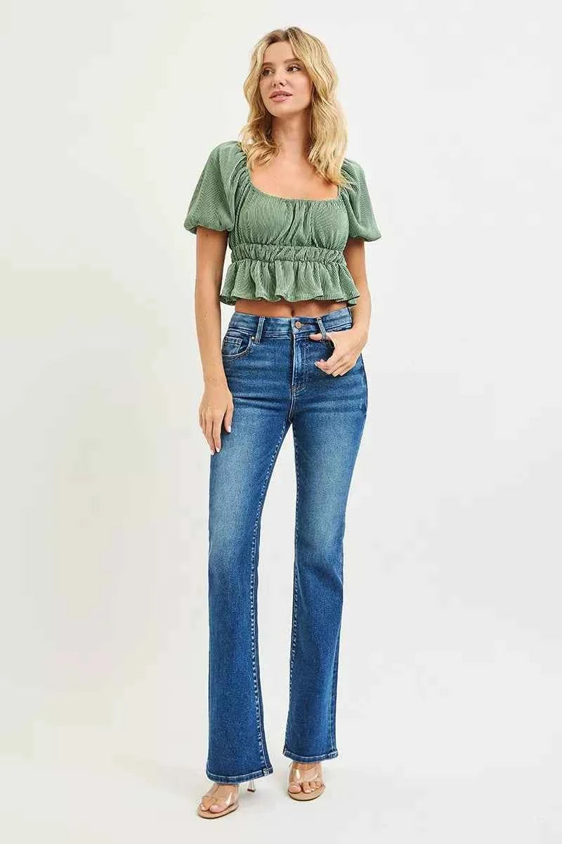 RISEN High Rise Bootcut Jeans With Distressed Details RISEN High Rise Bootcut Jeans With Distressed Details