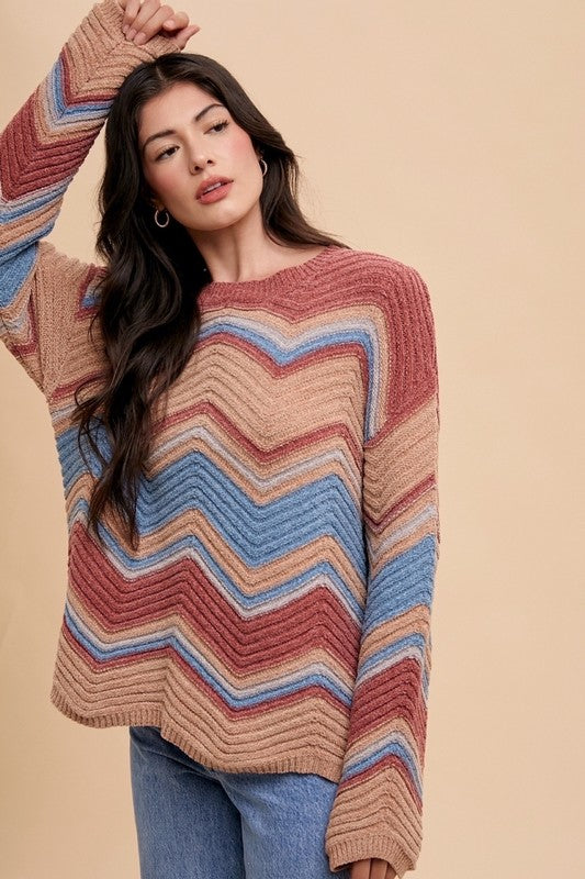 Annie Wear Multi Color Zig-Zag Round Neck Sweater Annie Wear Multi Color Zig-Zag Round Neck Sweater