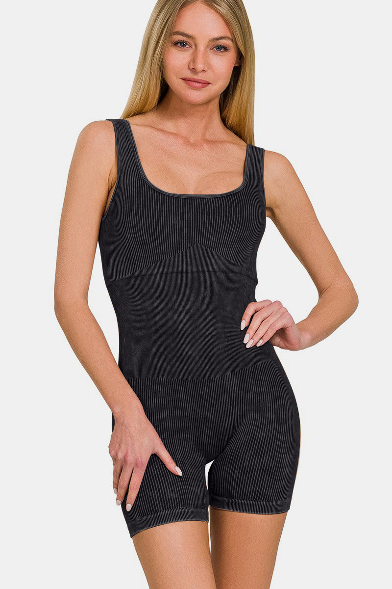 Zenana Washed Ribbed Romper with Pad Zenana Washed Ribbed Romper with Pad - TopFashionHQ