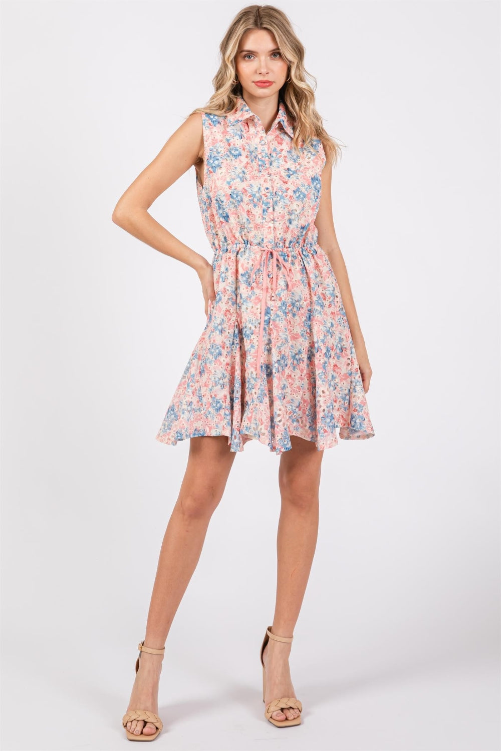 GeeGee Full Size Floral Eyelet Sleeveless Mini Dress GeeGee Full Size Floral Eyelet Sleeveless Mini Dress - TopFashionHQ