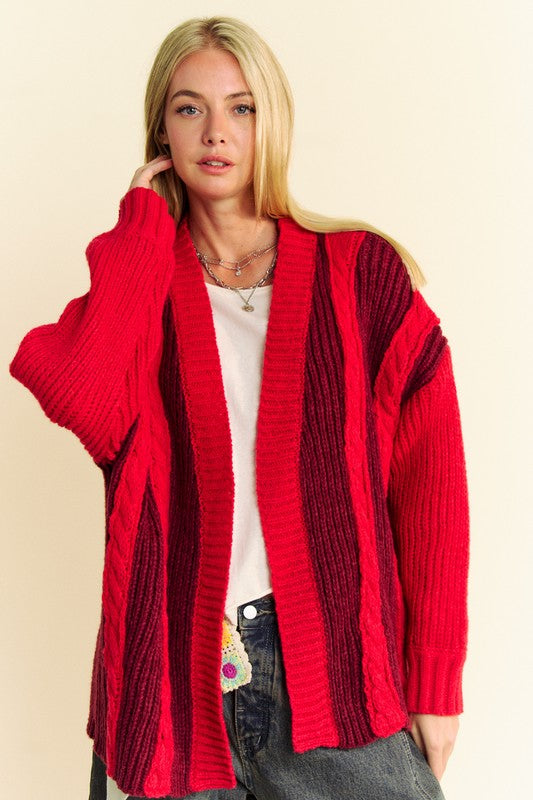 Davi & Dani Cable-Knit Color Block Open Front Cardigan Davi & Dani Cable-Knit Color Block Open Front Cardigan - TopFashionHQ