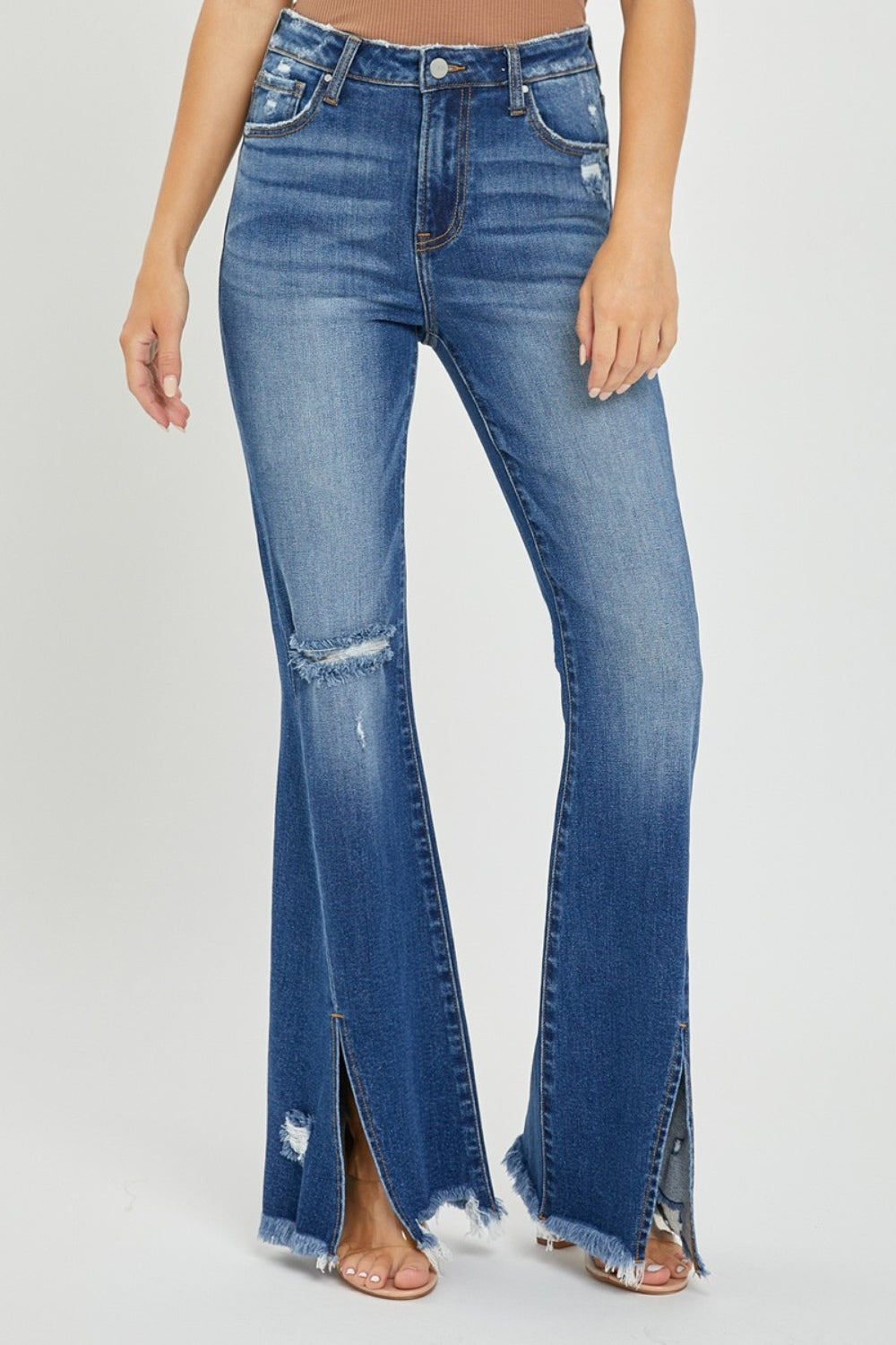 RISEN Full Size High Rise Front Slit Frayed Hem Flare Jeans RISEN Full Size High Rise Front Slit Frayed Hem Flare Jeans - TopFashionHQ