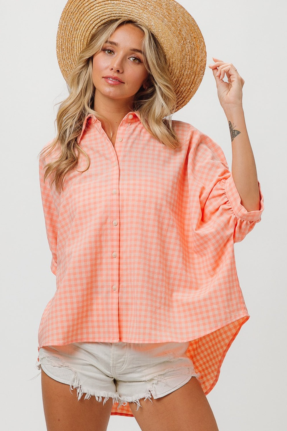 BiBi Plaid Button Up Dolman Sleeve Shirt BiBi Plaid Button Up Dolman Sleeve Shirt - TopFashionHQ