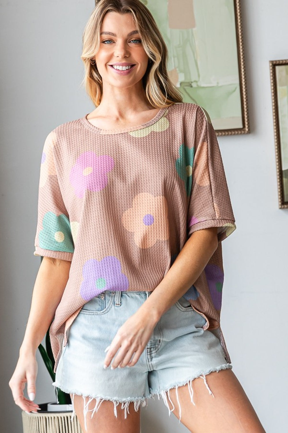 HOPELY Full Size Floral Round Neck Side Slit Waffle T-Shirt HOPELY Full Size Floral Round Neck Side Slit Waffle T-Shirt - TopFashionHQ