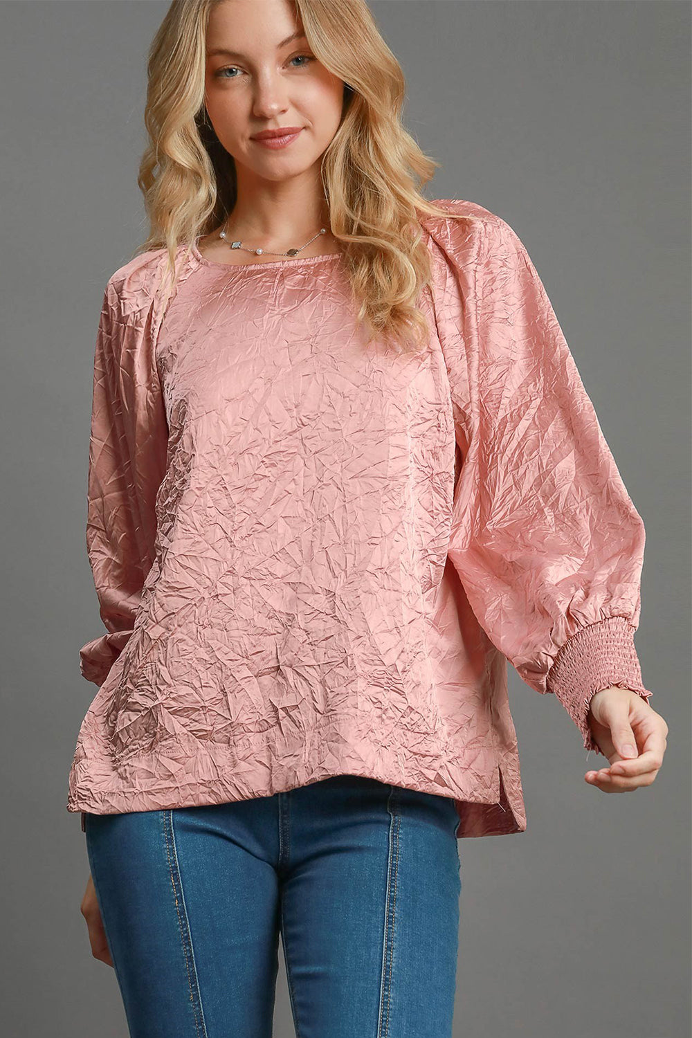 Umgee Wrinkled Round Neck Lantern Sleeve Blouse Umgee Wrinkled Round Neck Lantern Sleeve Blouse